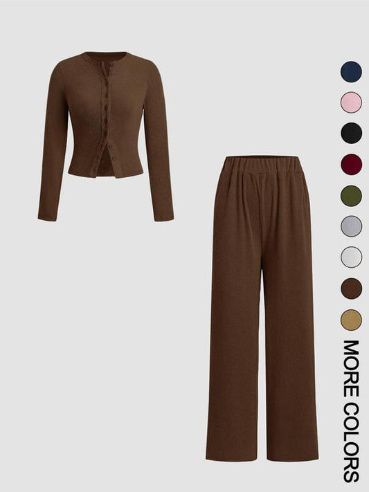 💗Two-piece Set Women's Solid Button Front Ribbed Crop Top & Elastic Waist Pants for Spring & Fall