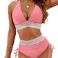 🌞Last Day Special Price £12.98!!💥-👙High Waisted Tummy Control Color Block Bikini Sets