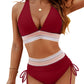 🌞Last Day Special Price £12.98!!💥-👙High Waisted Tummy Control Color Block Bikini Sets