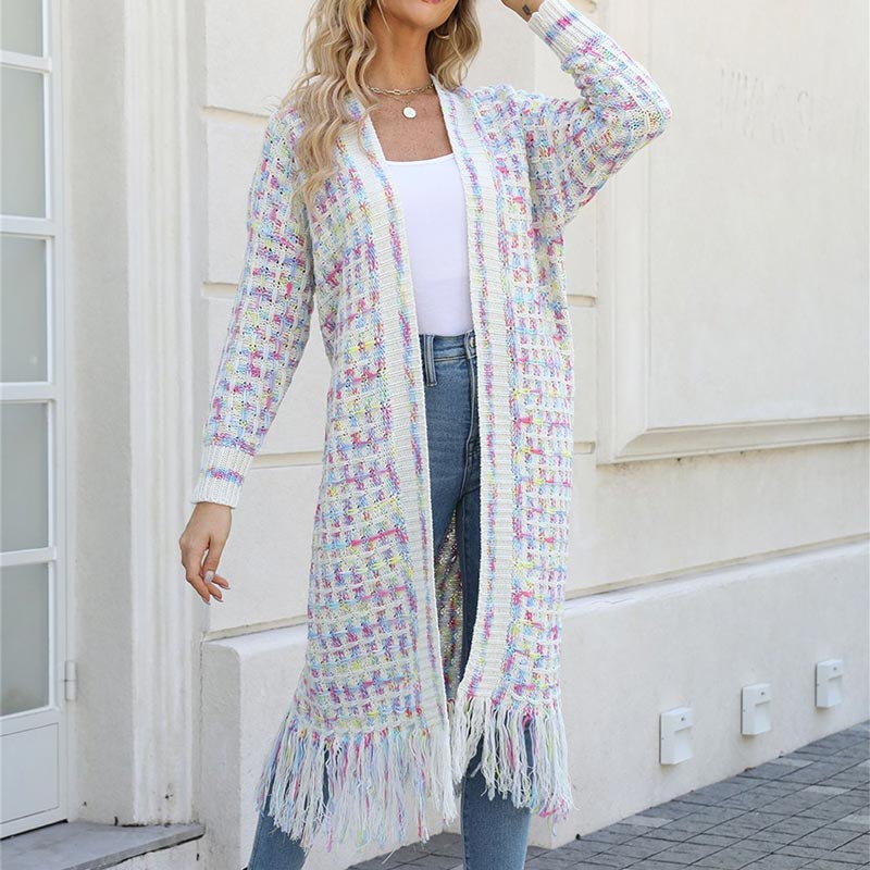 Women’s Elegant Knitted Cardigan Shawl with Tassel Hemline-13