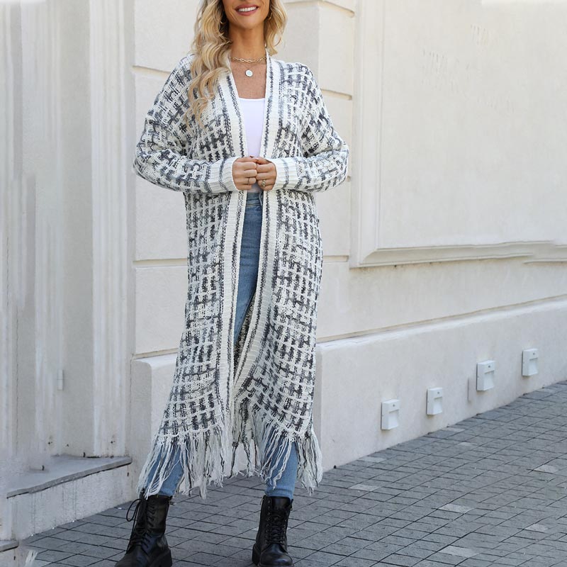 Women’s Elegant Knitted Cardigan Shawl with Tassel Hemline-17