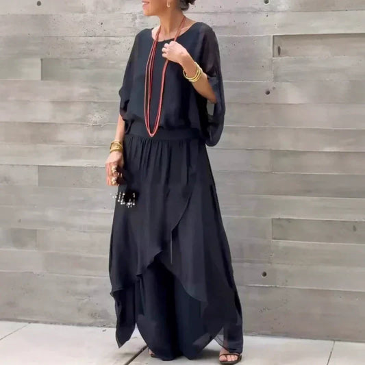 💥Buy 2 Get 10% off🔥Loose Top & Slit Wide-Leg Pants Chiffon 2-Piece Set