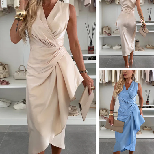 💖LAST DAY SALE 50% OFF💖Satin V-Neck Ruched Midi Dress with Irregular Ruffle Hem