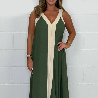 ⏳ Limited time 55% off! 💥Women's V-Neck Sleeveless Color Block Maxi Dress